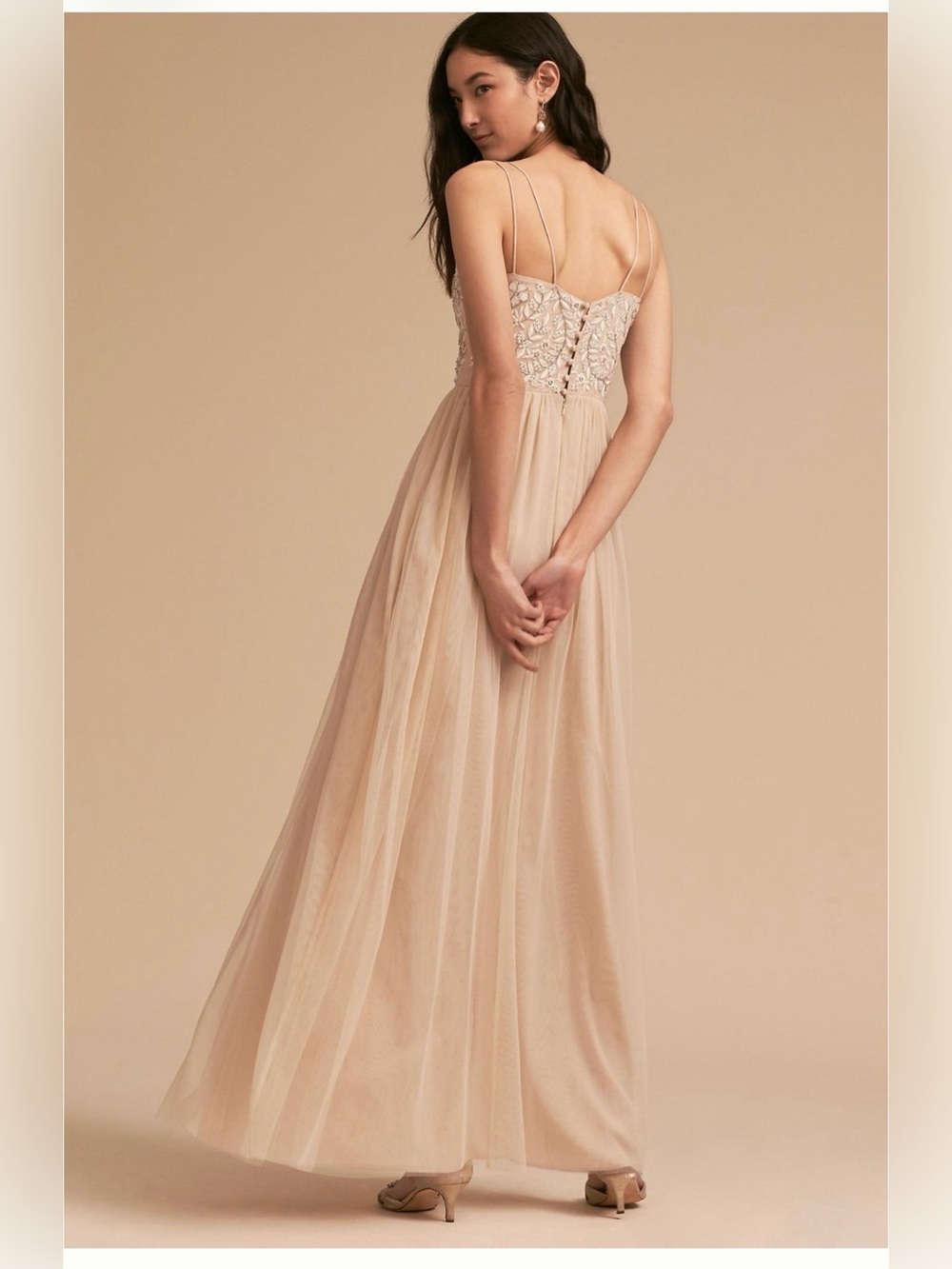 Anthropologie BHLDN Elowen nude chiffon gown with bead and sequins size 6 - Picture 2 of 12